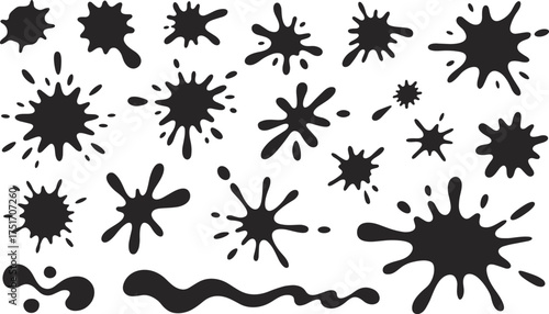 Collection of black ink splatter and paint splash shapes, isolated vector set for design, abstract liquid blot elements illustration