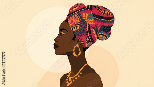 African fashion illustration – bold patterns and gold jewelry vector, Ai Generate