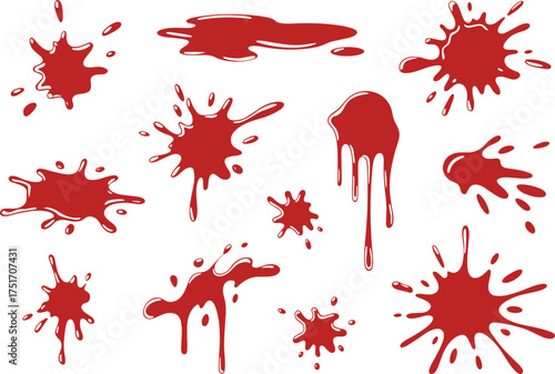 Collection of red paint splatter and dripping liquid shapes, isolated vector illustration for design, realistic blood splashes effect art