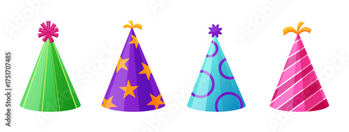 Set of colorful party hats in cartoon style. Bright festive accessories for birthday celebration, kids events, carnival decorations, and cheerful design projects.