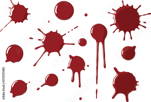 Collection of red paint splatter and dripping liquid shapes, isolated vector illustration for design, realistic blood splashes effect art