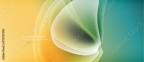 Abstract fluid shapes blend yellow, green, teal hues. Smooth gradients create dynamic background design. Minimal text present.