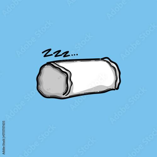 A playful illustration of a rolled pillow resting on a vibrant blue backdrop, conveying rest, relaxation, and peaceful sleep. Ideal for themes of bedtime, naps, and comfort.