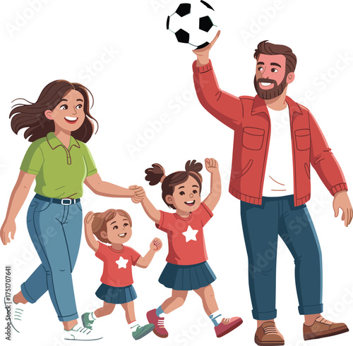 Happy family walking together outdoors, parents and children enjoying weekend activity, father holding soccer ball, cheerful lifestyle cartoon illustration