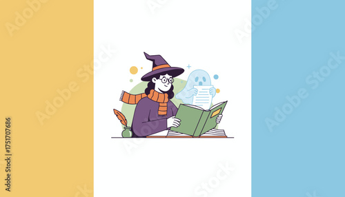 Witch reading enchanted book with a ghost Fantasy Halloween learning and storytelling concept