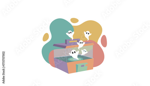 Playful ghosts hover around a colorful display box embodying spooky fun and Halloween spirit