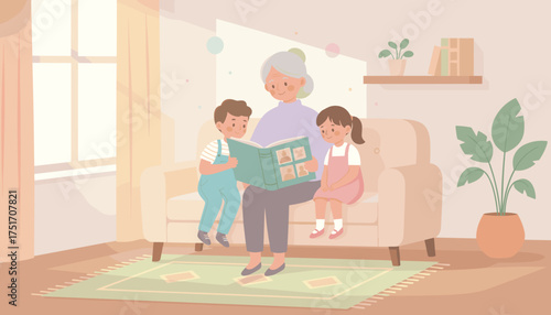 Grandmother reads a story to her happy grandchildren in a cozy living room fostering family bonds