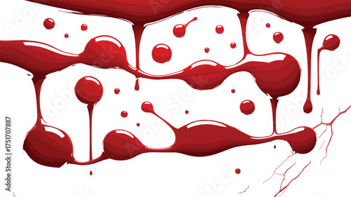 Realistic red liquid dripping texture close-up, glossy paint or blood flow effect on white background for abstract horror design