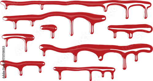 Red dripping liquid border collection, glossy blood or paint effect set, horror themed vector design for Halloween art and decoration