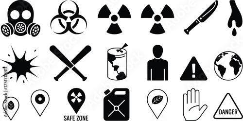 Set of black and white minimalist danger and survival icons, gas mask, radiation, biohazard, warning, safety, emergency vector design