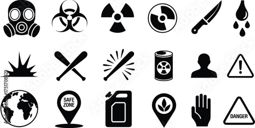 Set of black and white minimalist danger and survival icons, gas mask, radiation, biohazard, warning, safety, emergency vector design