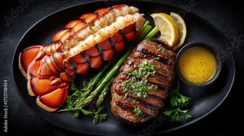 A luxurious flat lay of a surf and turf dinner filet mignon lobster tail and drawn butter on a black plate
