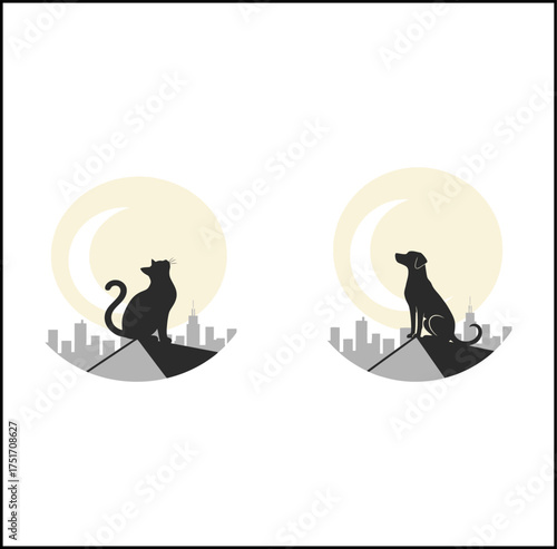 Wallpaper Mural Two distinct silhouettes, a cat and a dog, sit atop hills under a large, pale moon. Torontodigital.ca