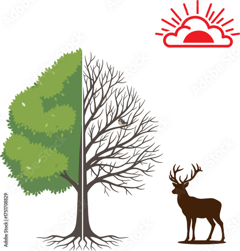Wallpaper Mural A tree split between lush green leaves and bare branches, with a deer and sunrise above. Torontodigital.ca