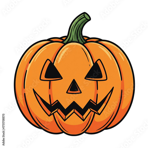 A carved orange pumpkin with a scary face known as a jack-o-lantern for Halloween in October is isolated on white