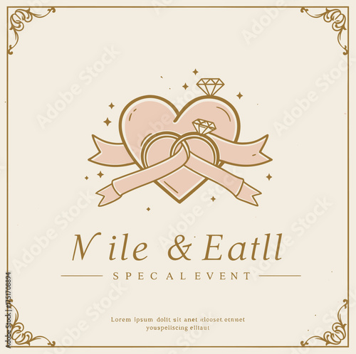 Elegant wedding event logo design featuring a heart, rings, and ribbons. Perfect for engagements