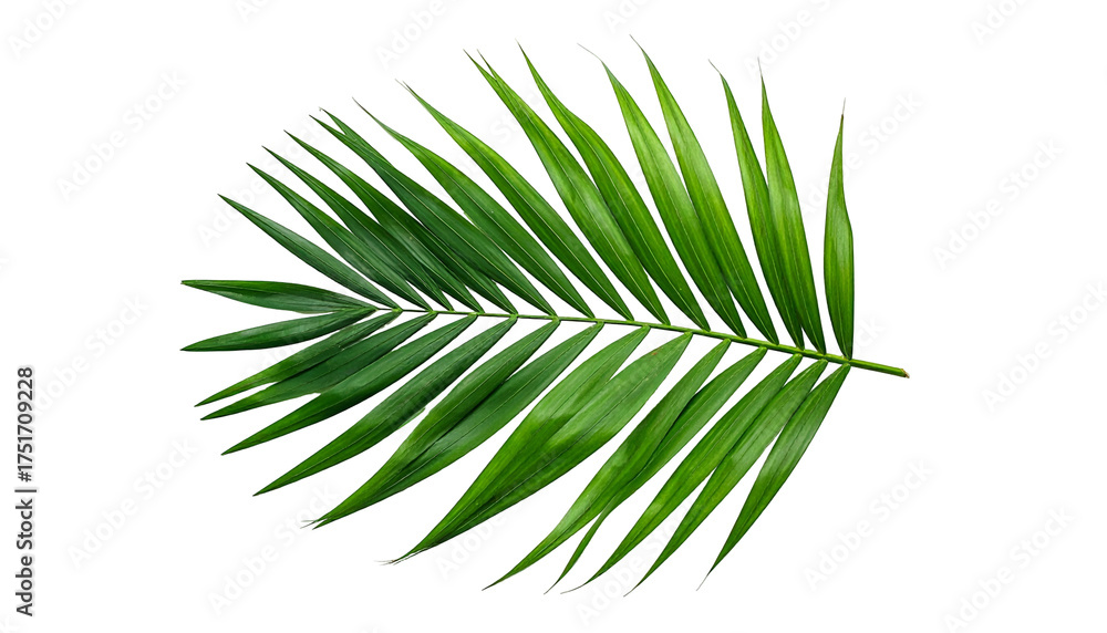 Fototapeta premium Lush, green palm frond isolated against stark black backdrop