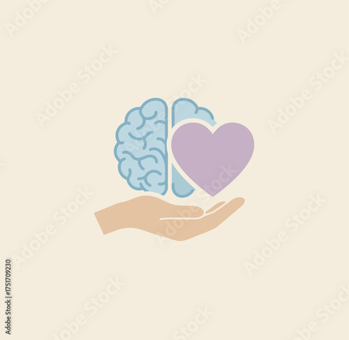 Conceptual flat icon of a hand supporting a brain and heart, symbolizing psychology, balance, and mental wellness