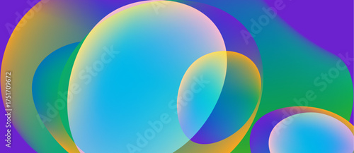 Abstract colorful circles overlap, creating vibrant gradients. Smooth transitions between hues suggest fluidity, depth. Modern design element.