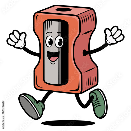 A cheerful cartoon pencil sharpener running with a smile