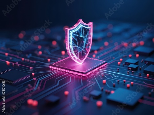 Cybersecurity shield on circuit board for data protection and network security technology design