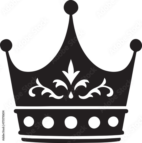 Royal crown silhouette vector illustration in black with five pointed tips, circular ornaments and floral base for prestige and symbolic design themes