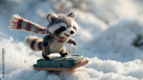 Animated raccoon snow sledding with scarf in winter scene