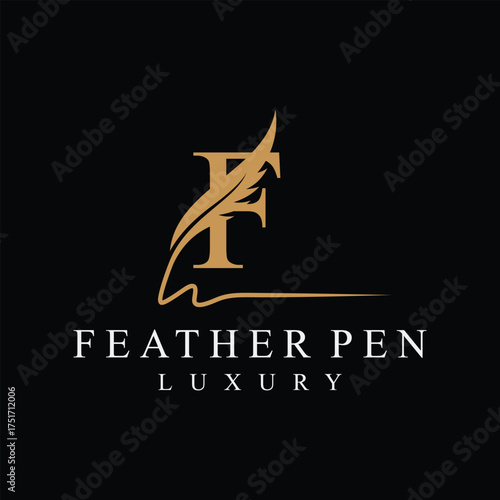 Initial letter f feather pen logo design, serif font graphic icon vector, golden color symbol concept