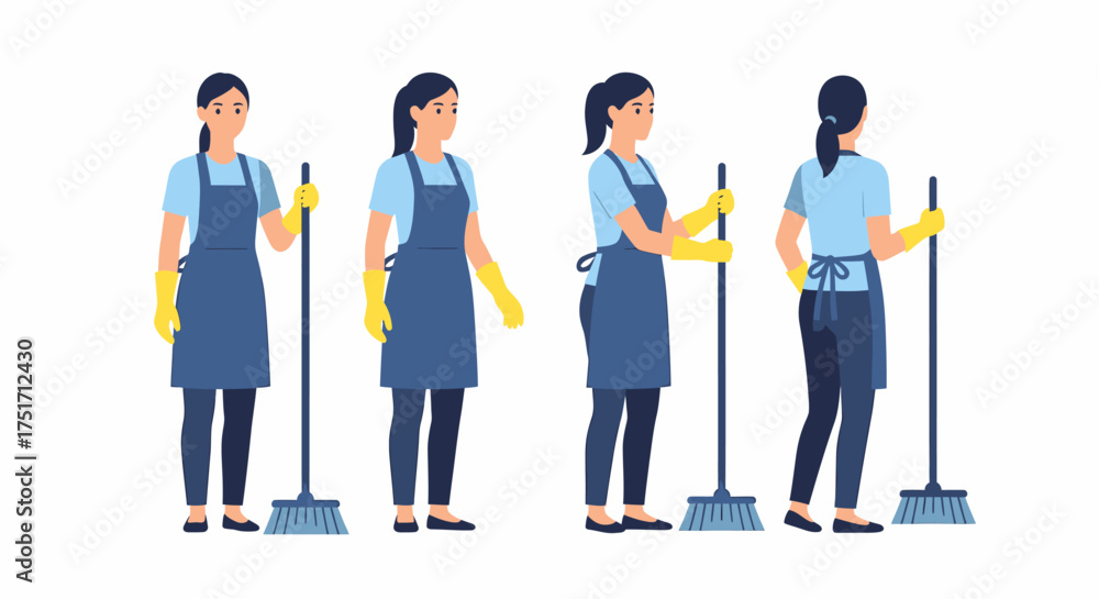Fototapeta premium Woman in apron cleaning with broom in different angles.