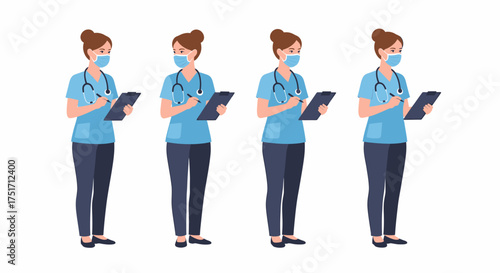 Four nurses wearing blue scrubs and face masks stand in a row, each holding a clipboard and pen.