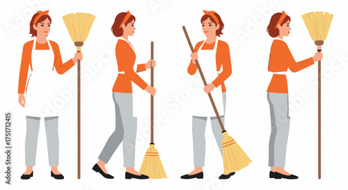 Set of four illustrations of a woman in an orange shirt and white apron holding a broom, depicting different cleaning poses.