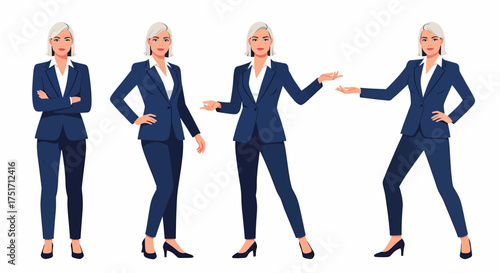 Four illustrations of a woman in a blue business suit, in different poses, on a white background.