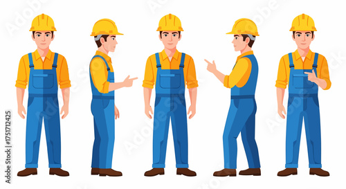 Cartoon construction worker in various poses wearing a hard hat and overalls.