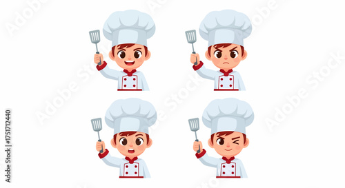 A set of four illustrations of a cute boy chef character holding a spatula, displaying various facial expressions like happy, angry, and winking.