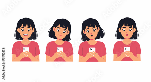 A series of illustrations depicting a woman with short black hair and a red shirt, expressing different emotions while holding a phone.