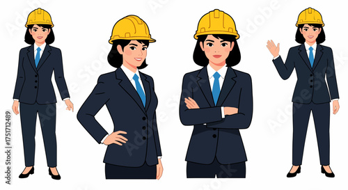 Four poses of a professional female engineer in a dark suit and yellow hard hat, standing and gesturing confidently.