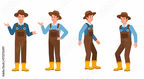 Four illustrations of a farmer wearing a hat, overalls, and boots, in different poses.