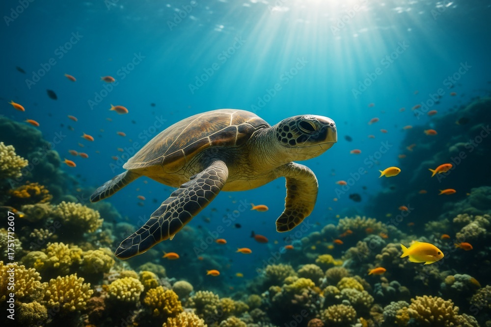 Fototapeta premium Sea turtle swimming gracefully through colorful coral reef with tropical fish in sunlit clear ocean background. Ai generative. Ai generative