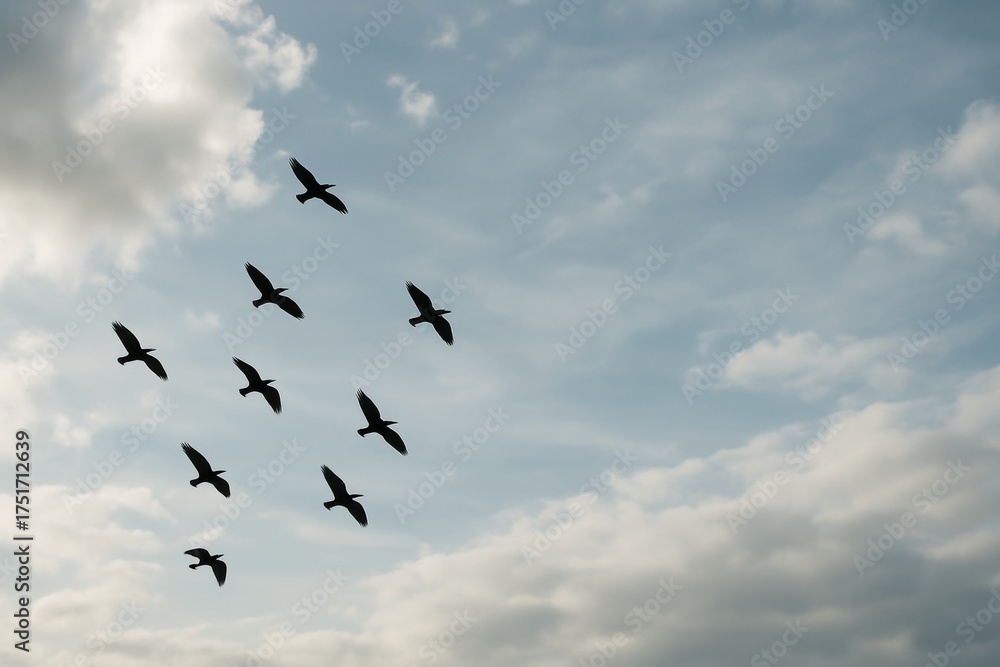 Obraz premium Silhouettes of birds flying in formation across a cloudy blue sky during daylight, symbolizing migration, freedom, and peaceful natural harmony. Ai generative