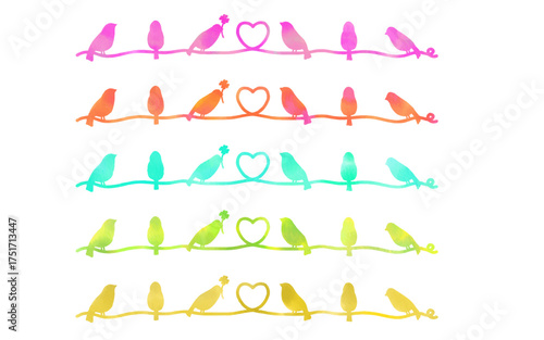 可愛い鳥とハートのシルエット水彩画素材セット。