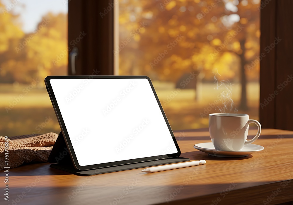 Obraz premium Tablet with blank screen and coffee cup on wooden table with autumn foliage background