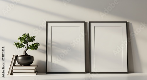Two blank picture frames leaning against a wall with a small potted plant and books