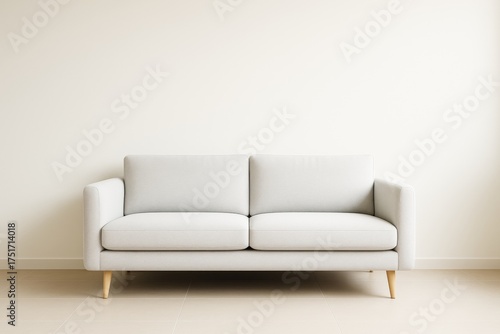 Minimalist light gray sofa against cream wall in modern interior room with tiled floor and soft natural lighting in contemporary decor style.