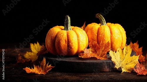 Close-up of small orange pumpkins with textured skin and green stems surrounded by colorful autumn leaves on dark background