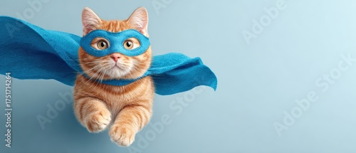 Playful orange tabby cat wea a blue superhero cape and mask flying in front of solid light blue background for fun and imagination