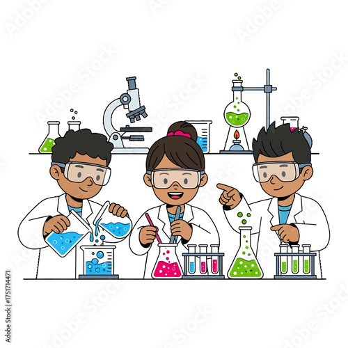 Young diverse students conducting science experiments in a laboratory setting.