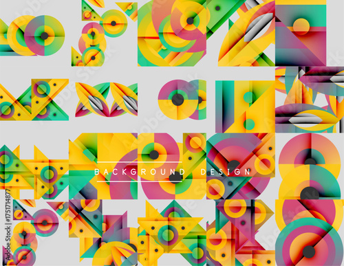 Colorful geometric patterns, abstract shapes, vibrant design elements. Modern composition, gradients, overlapping forms create visual interest.