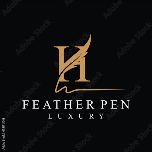 Initial letter h feather pen logo design, serif font graphic icon vector, golden color symbol concept