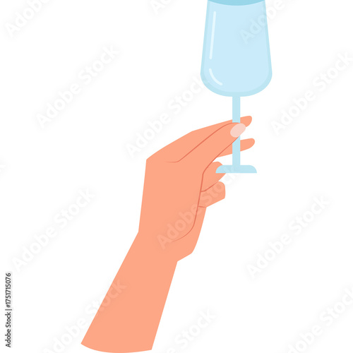 Hand Holding Empty Clear Glass With Blue Hue On Stem Against White Background And Transparent Background Overlay