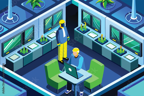 Isometric view of a modern office with people working on laptops and plants